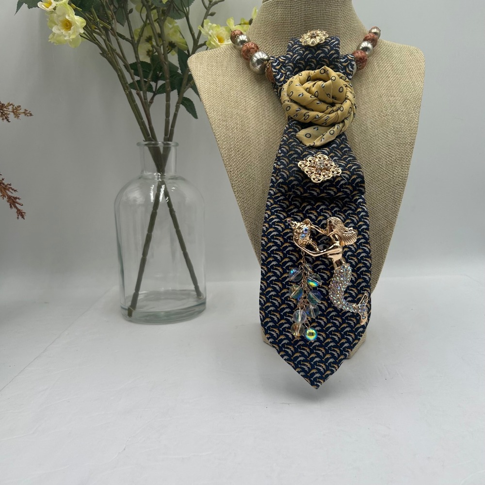 Tommy Hilfiger Upcycled Silk Tie Statement Necklace Mermaid Brooch Earring Set - Picture 6 of 10